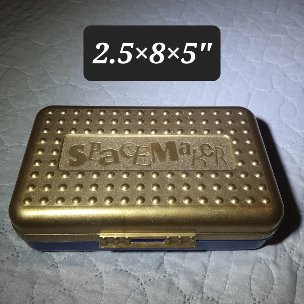 Vintage SpaceMaker Pencil Case Holder Organizer Box Gold Blue Plastic
